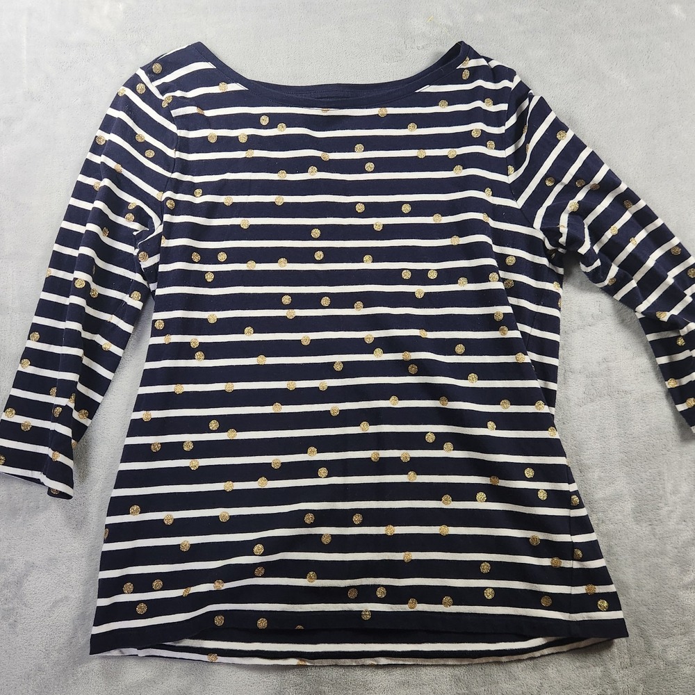 Talbots Women's 2Medium Striped Shirt Navy White w/ Gold Polka Dots 3/4 Sleeve